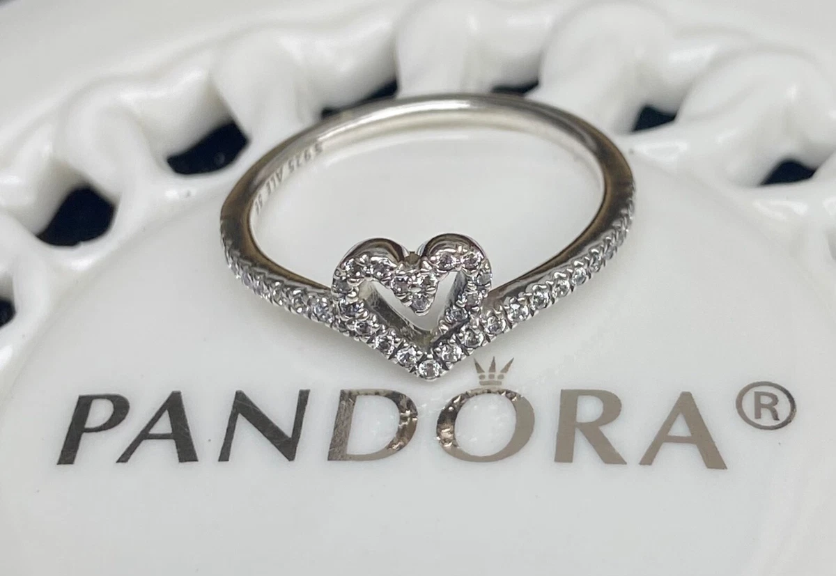 Authentic Pandora Sparkling Wishbone Heart Ring 199302C01 48 Size