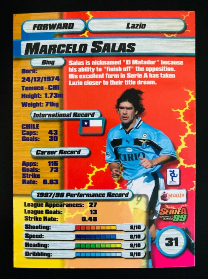 1998-99 Merlin Serie A 1999 # 31 Marcelo Salas Lazio Gold foil parallel card - Image 2 of 3