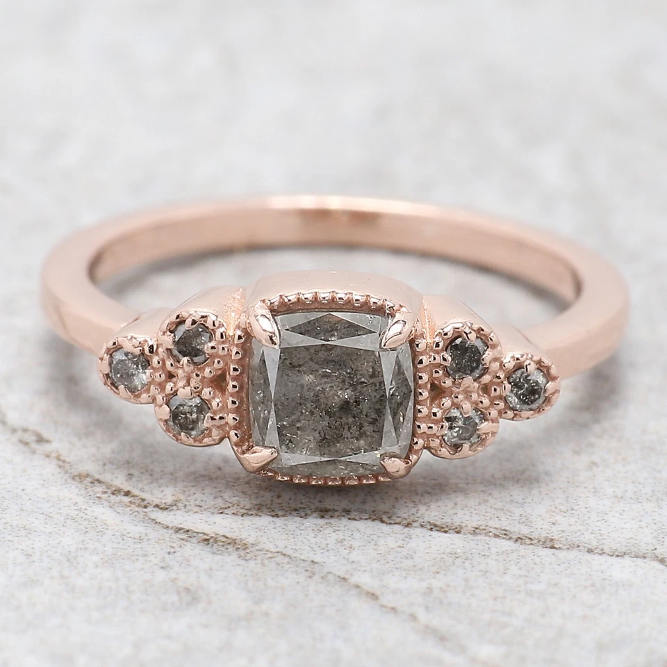 0.95 Ct Cushion Salt And Pepper Diamond Ring 14K Rose Gold Engagement Gift Ring - Image 4 of 4