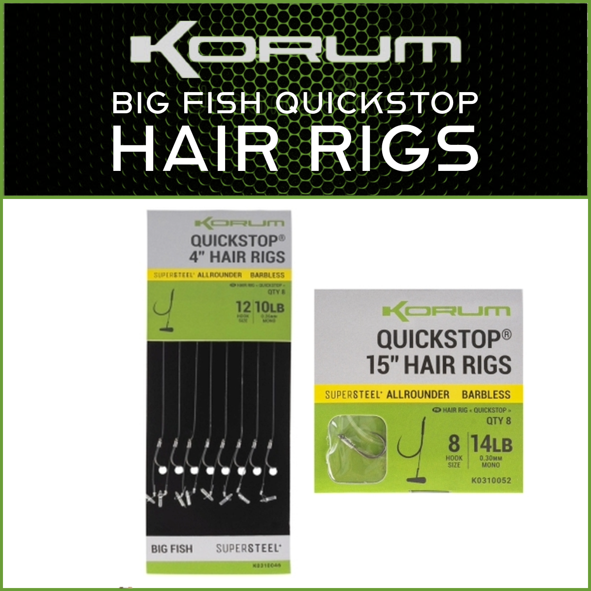 Korum Big Fish Quickstop Hair Rigs - Pack Of 15, Barbed Or Barbless For Freshwater Fishing