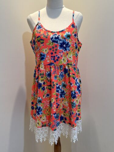Lyla & Co Dress Ladies Size 12 Orange Floral Bright Vibrant Summer Beach Lace - 第 1/7 張圖片