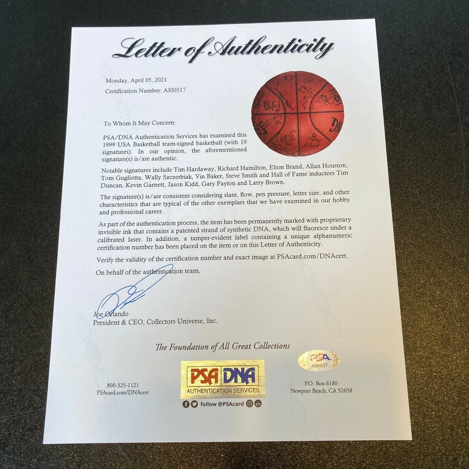 Tim Duncan Kevin Garnett 1999 Team USA Olympics Signed Basketball 19 Sig PSA DNA - Image 2 of 4