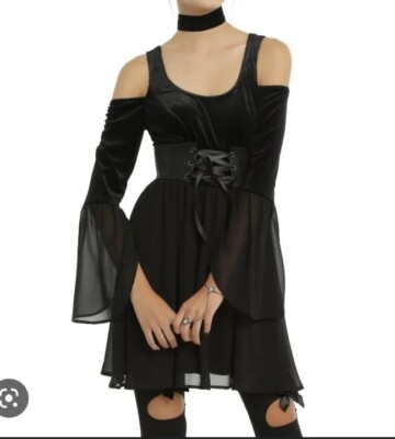 Black Velvet Bell Sleeve Cold Shoulder Dress