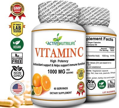 Active Vitamin C Ascorbic Acid Powder 1000 mg VEGAN CAPSULES Made In USA 