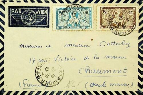 FRANCE INDO-CHINA 1947 POST WWII 2v ON AIRMAIL COVER FROM SAIGON TO CHAUMONT - 第 1/2 張圖片