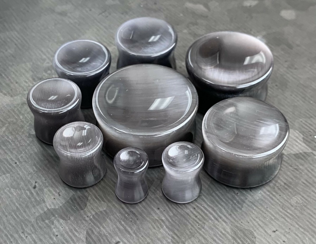 PAIR Concave Grey Cat Eye Stone Plugs Double Flare Gray Tunnel Earlet Gauges | eBay