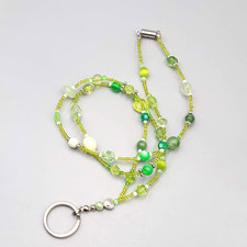 Green Bead Lanyard Necklace Silver tone Keychain Necklace 32" Magnet Closure
