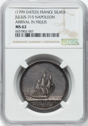 EGYPT - FRANCE , ARRIVAL TO FREJUS SILVER MEDAL 1799 ( 17 ) NGC MS 62 , RARE