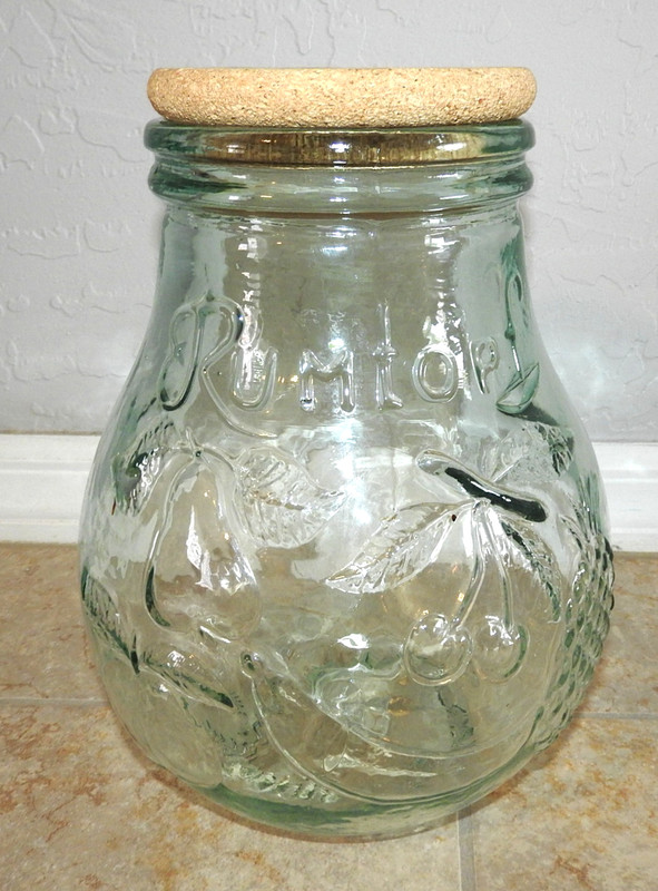 Rumtopf Green Pot Belly Blown Glass Jar Crock w/Cork Fruit Accents Large 2 gal.