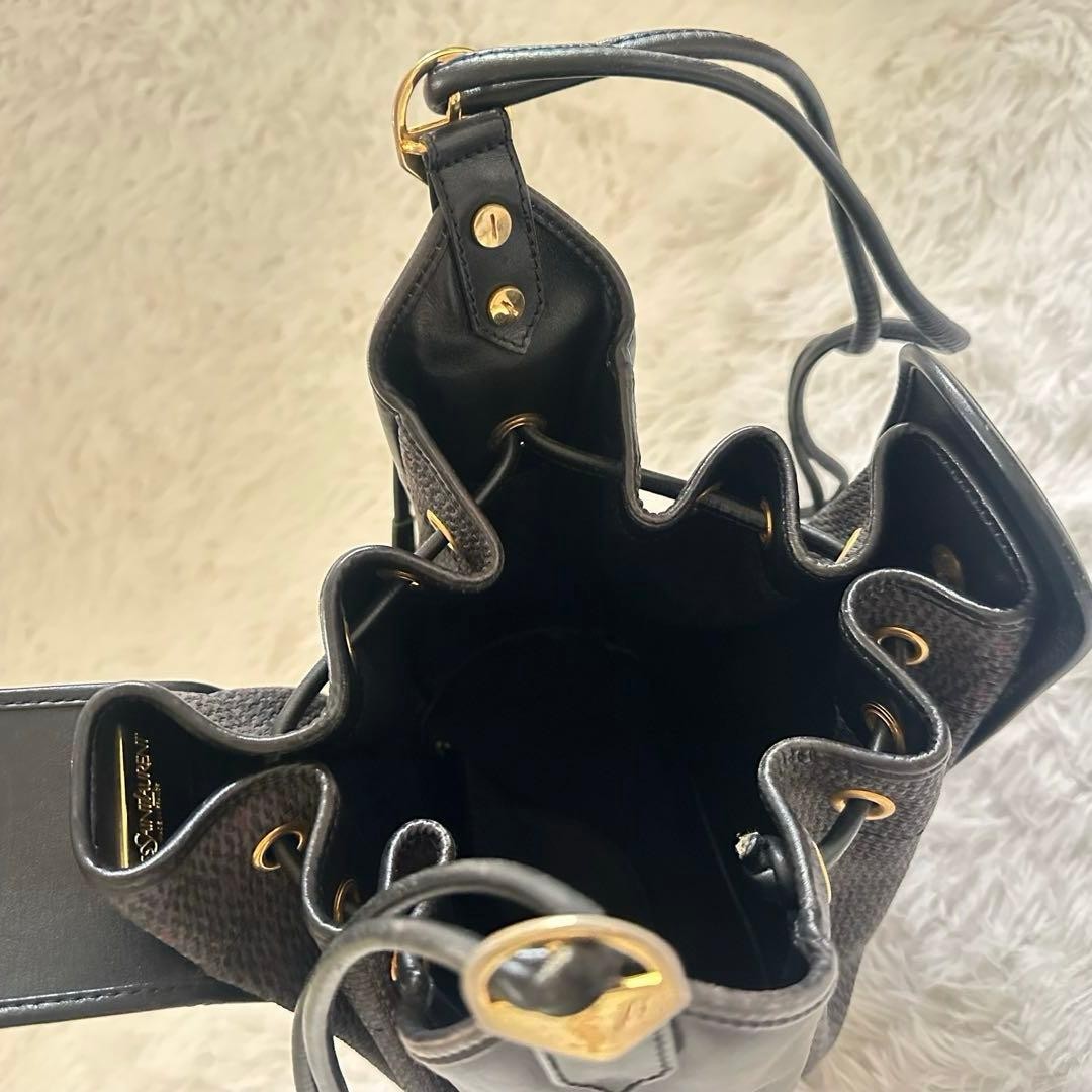 YVES SAINT LAURENT Canvas Leather Shoulder Bag Brown Black Drawstring Tassel thumbnail 13