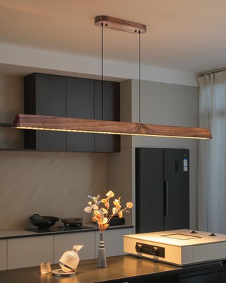 47'' Wood Linear Pendant Light, Dimmable Kitchen Island Lighting with Remote, ...