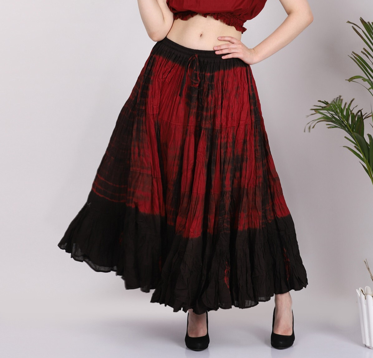 Mujer Flamenca Algodón Gitano 25 Yardas Falda Tribal Fusión Granate Tie Dye Falda