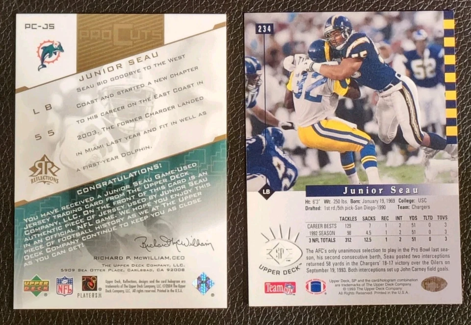 (2) 1993 Upper Deck SP Junior Seau 2004 Reflections Pro Cut Jersey Card  - Image 2 of 4