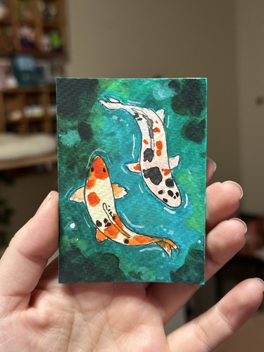 ACEO Original Koi Fish, Pond, Pretty Watercolor Mini Painting - 2.5x3.5