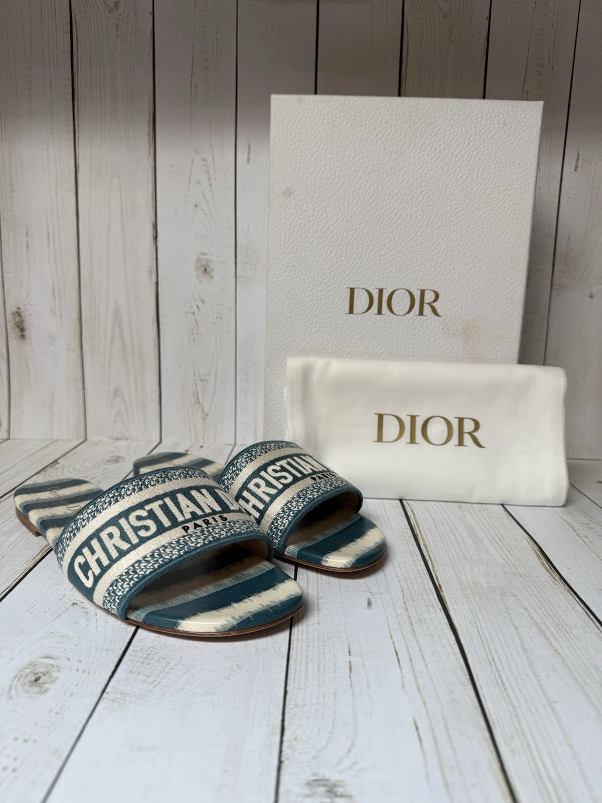 Sandales Christian Dior rayures D brodées Dway Slide Deep Ocean taille 39/9