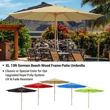 13Ft Patio Wood Umbrella German Wooden Pole Outdoor Beach Cafe Garden Sun Shade