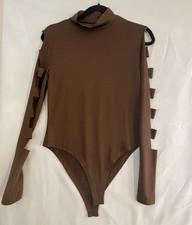 Brown Solid Long Sleeve Mock Neck One-Piece Bodysuit Women's S Regular