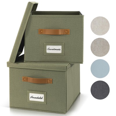 Decorative File Organizer Box Set of 2 - Collapsible Linen Filing Cabinets w/...