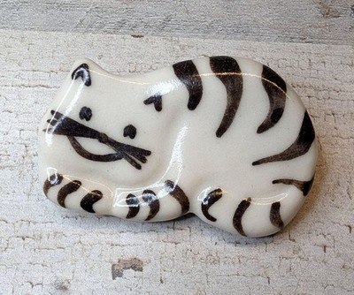 Vintage Striped Cat Ceramic Brooch Artisan Handmade Pin Feline Whimsical 1.75''