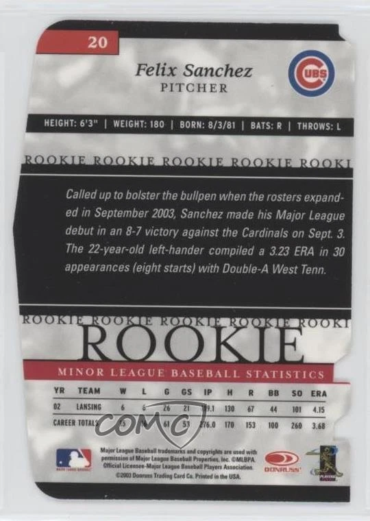 2003 Donruss Elite Extra Edition Status Red Die-Cut /62 Felix Sanchez Rookie RC - Image 2 of 2