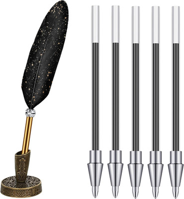 Feather Ballpoint Pen and Vintage Metal Pen Holder Black Ink Vintage Feather Qui