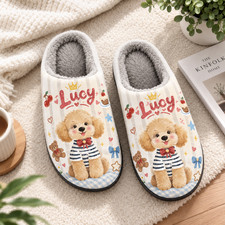 Personalized Cute Poodle Dog Slippers Custom Name Soft Plush Warm House Shoes