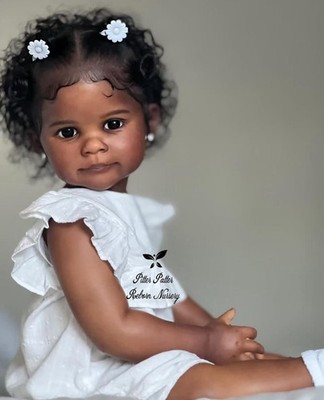 30in Reborn Baby Doll Kits Dark Skin Hand-Rooteed Lifelike Curly Afro Hair Gifts