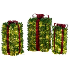 Set of 3 Pre-lit Lighted Artificial Greenery Gift Boxes Nestable Present Boxes