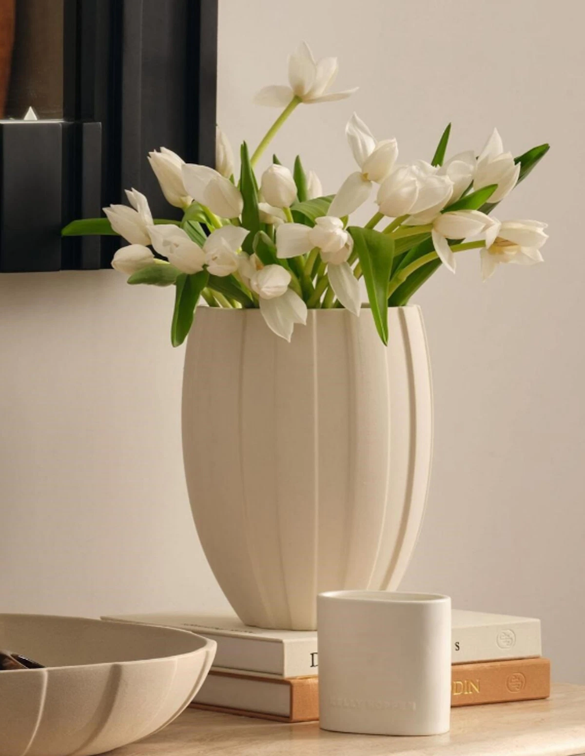 Kelly Hoppen Wide Stripe Ceramic Vase Neutral Height of 29 cm Home Decor