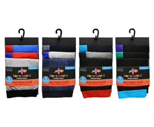 New Boys 3 Multi Pack Cotton Rich Trunks Pierre Calvini Underwear
