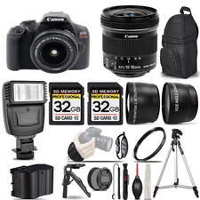 Canon Rebel T7 with 18-55mm Lens +10-18mm f/4.5-5.6 IS STM Lens +Flash +64GB