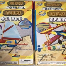 NEW Lot 4 Young Hands DIY Wood Wrkshop Biplane Sailboat RaceCar BirdHouse Sealed