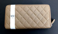 Women's RFID Leather Wallet Beige Tan Quilted Zip Around Credit Card Holder