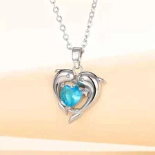 Dolphin Hug Kiss with Sea Blue Heart Zirconia Pendant Necklace Jewelry