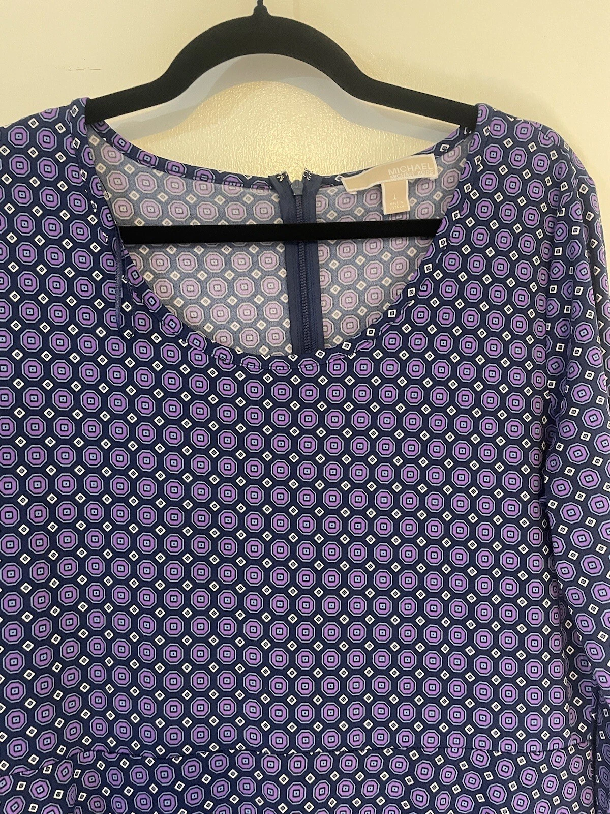 Michael Kors Mini Abito Blu e Viola Geometrico Manica Lunga Elasticizzato Taglia Large