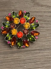 Vintage Emmons Flower Brooch Green Orange Yellow Navette Rhinestones 2.5”