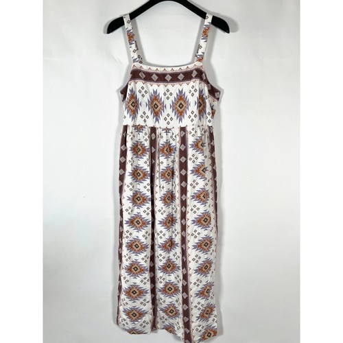 Sonoma Aztec Midi Dress Linen Blend Size Medium Southwestern Empire Boho Smocked