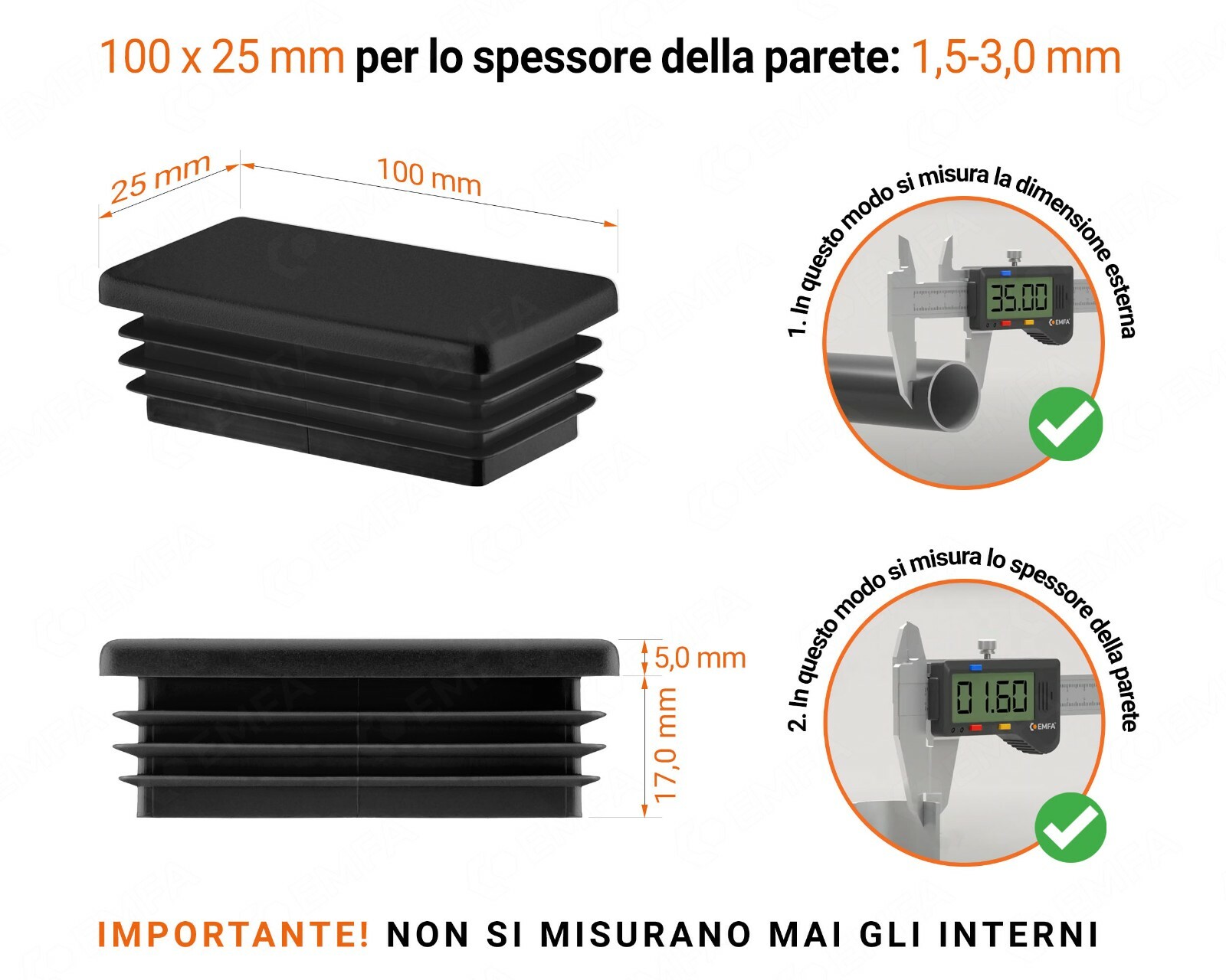 12 Pezzi Tappi Di Plastica Inserti Tubo Rettangolari Nero 100