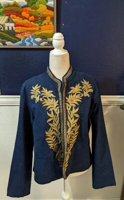 VTG Entice Blue Dark Denim Floral Gold Embroidered Metallic Jacket Sz Large L - Image 1 of 4