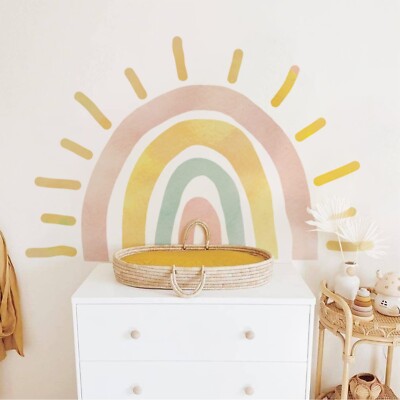 Large Fabric Watercolor Boho Half Sun Wall Decals Peel and Stick, Rainbow Wal...