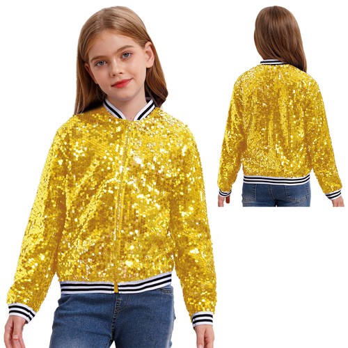 Kids Girls Sparkly Sequin Bomber Flight Jacket Jackets Hip-hop Modern Coat Tops - Picture 30 of 68