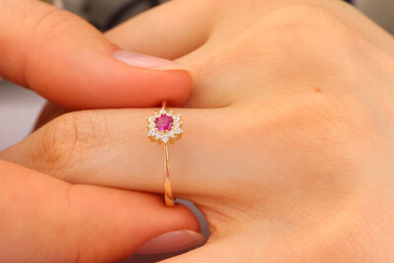 Halo Engagement Ring 1.63Ct Round Cut Lab-created Ruby 14K Yellow Gold Plated-image