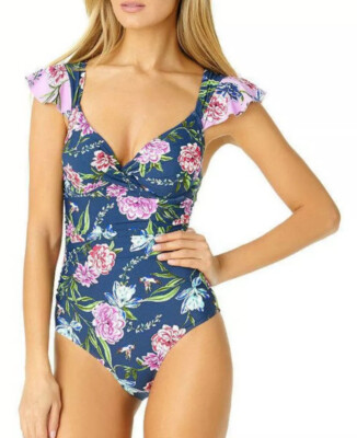 NWT Liz Claiborne Ruffle Navy Blue/Floral One Piece Swim - Retail 89 Size 6