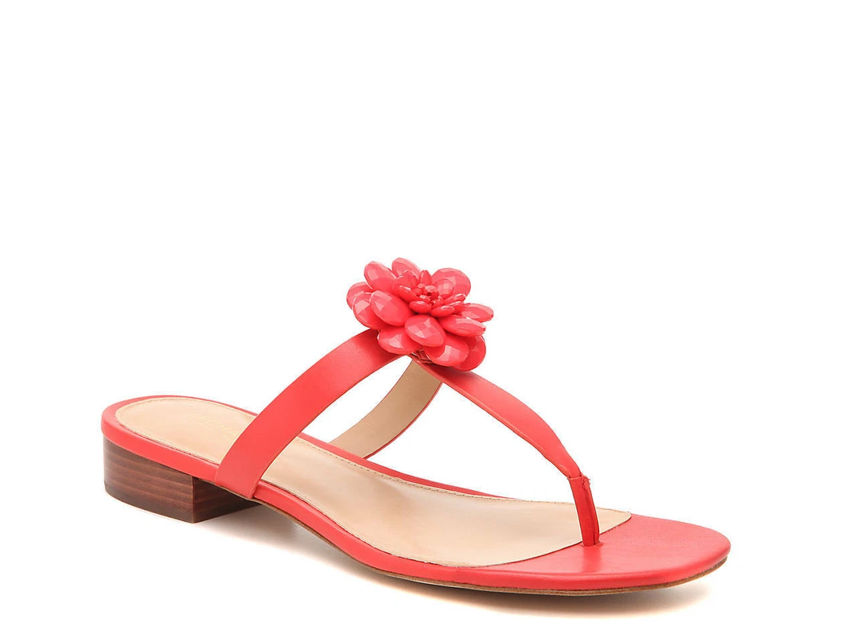 MICHAEL KORS Dalia Flat Sandals Thongs Sea Coral Leather Flower