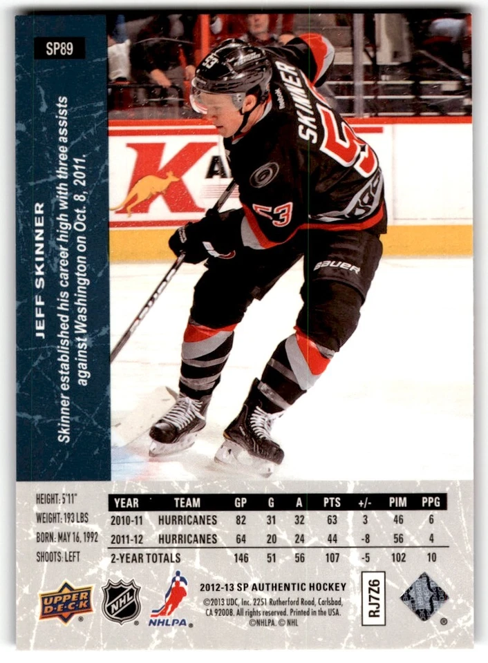 Jeff Skinner 2012-13 SP Authentic '94-95 Retro #SP89 Carolina Hurricanes - Image 2 of 2