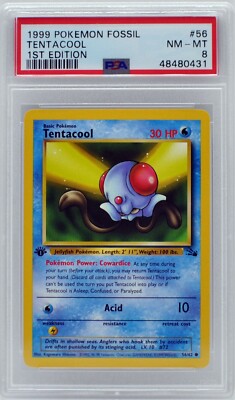 tentacool pokemon card Pokemon 1st Edition Tentacool 56/62 Fossil PSA 8 NM/Mint