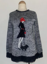 Violet Ruby Black, Gray Fuzzy Cuffs & Collar Sweater Women With Dog Sweater SZ S