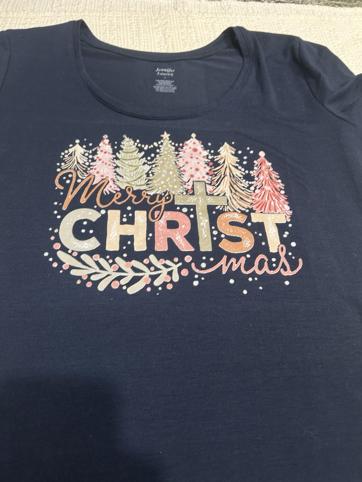 “Merry Christmas” Navy Blue Women’s Tunic Shirt Jennifer Lauren Size Large Pink