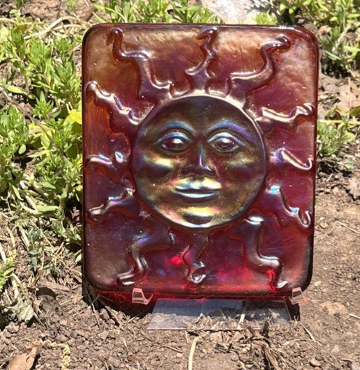 John Cook 2003 Signed Iridescent Carnival Art Glass Sun Face Tile/Plaque 5x5½in