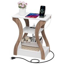 Side Tables Living Room w/Charging Station  USB Ports Farmhouse End Table White